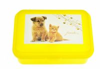 svačinový box kočka a pes žlutý 18 x 13 x 7 cm